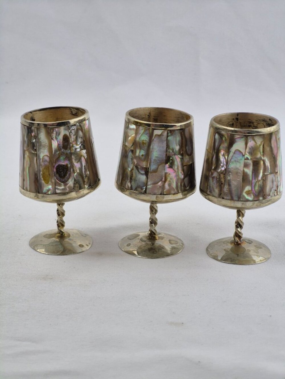 Vintage Taxco Mexican Abalone & Alpaca Silver Cordial Set 6 Shot Glasses & Tray - Picture 5 of 16